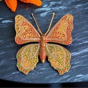 Vintage Damascene Enamel Gold Tone Butterfly Brooch Spain